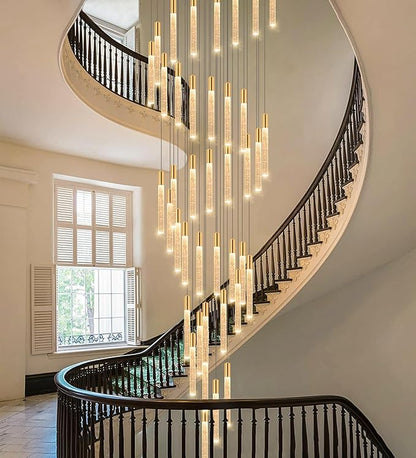HAIXIANG 20 Foot 48-Light Gold High LED Dimmable Chandeliers Ceiling Pendant Light Fixtures Remote Control Light Fixtures Crystal Raindrop Fixtures Living Room Staircase Entrances