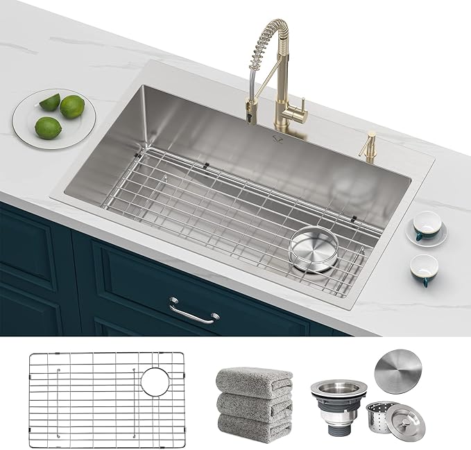 Kitchen Sink 33 x 22 Inch Drop-In Top Mount 16 Gauge Deep R10 Single Bowl 2-Hole Stainless Steel Kitchen Sink and Accessories (Pack of 4)