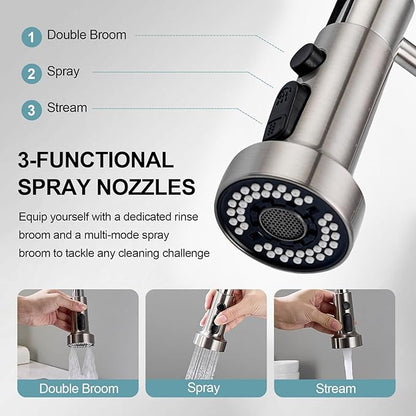 Kitchen Faucets with Pull Down Sprayer, Brushed Nickel Stainless Steel Single Handle Pull Out Spring Sink Faucet, 3 Function Sprayer 1 or 3 Hole Deck Plate for Farmhouse Laundry Rv Bar