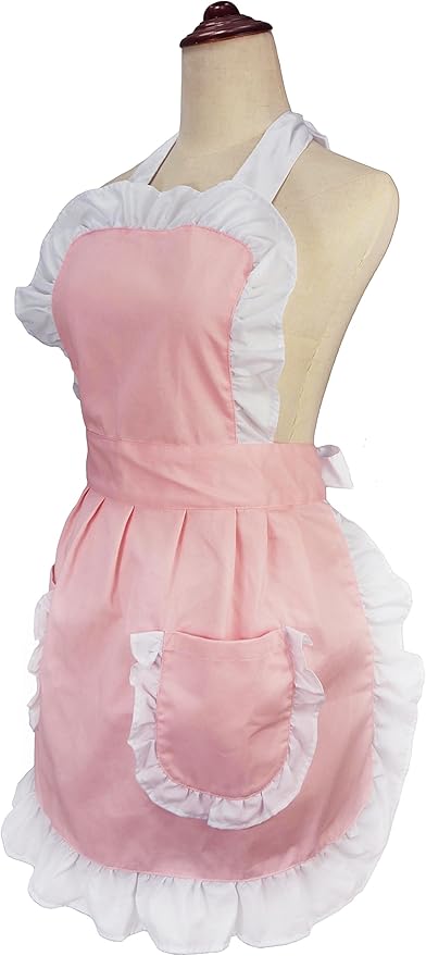 Women's Ruffles Outline Retro Pockets Apron Kitchen Cooking Cleaning Maid Costume (Light Pink)