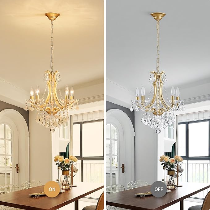 WUZUPS 5-Light Crystal Candle Chandelier Pendant Ceiling Light Modern Lighting Fixture for Bedroom Hallway Bar Kitchen Bathroom, H 19" W 16.6", E12 Base, Gold