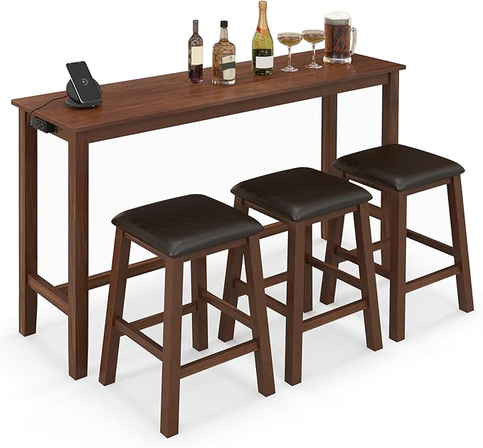 Giantex Dining Table Set, Kitchen Table Set, 4-Piece Counter Height Dining Set with 3 Upholstered Stools, Power Socket, Bar Table and Chairs Set for Small Space, Living Room, Dining Room Table Set