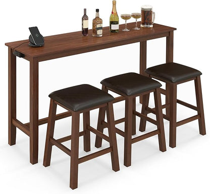 Giantex Dining Table Set, Kitchen Table Set, 4-Piece Counter Height Dining Set with 3 Upholstered Stools, Power Socket, Bar Table and Chairs Set for Small Space, Living Room, Dining Room Table Set
