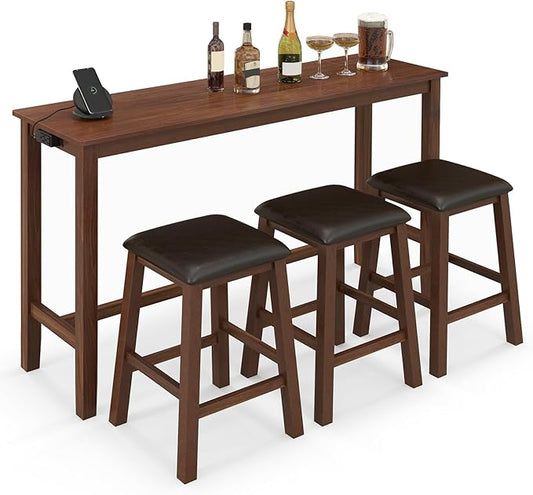 Giantex Dining Table Set, Kitchen Table Set, 4-Piece Counter Height Dining Set with 3 Upholstered Stools, Power Socket, Bar Table and Chairs Set for Small Space, Living Room, Dining Room Table Set