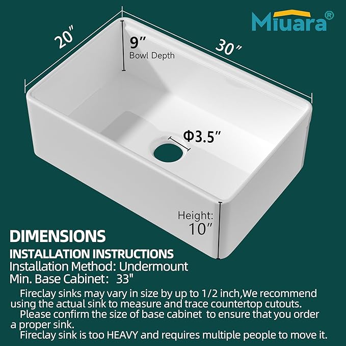 Miuara Farmhouse Workstation Sink 30 Inch for Kitchen - White Apron Front Fireclay Kitchen Sink Reversible 30"x20"x10", Farm House Style Heavy Duty Deep Single Bowl