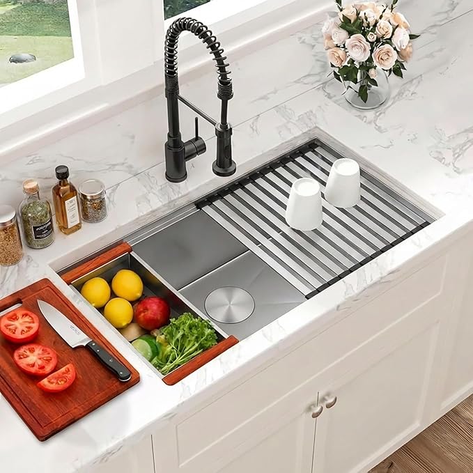 Stainless Steel Undermount Kitchen Sink, 16 Gauge T-304S Workstation Sinks with Accessories, 33" x 18" x 10" Large and Deep Single Bowl Kitchen Sink For Home & Kitchen, Outdoor