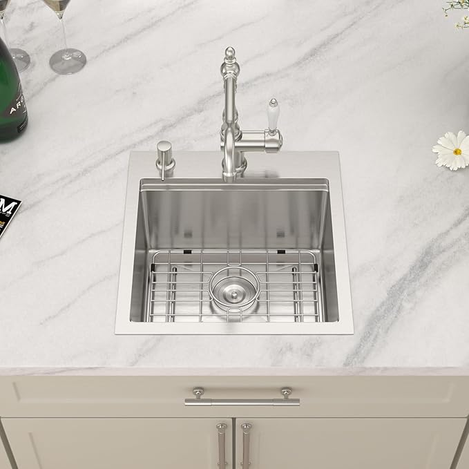 Dcolora Drop In Bar Sink 17x18x9 Inches, Workstation with Accessories, Brushed 304 Stainless Steel, Heavy Duty 16 Gauce, Small Single Bowl Perfect for Small Kitchen, Bar, Kitchen Island #DC-TW258003