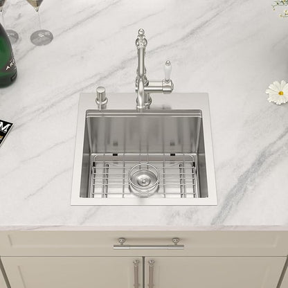 Dcolora Drop In Bar Sink 17x18x9 Inches, Workstation with Accessories, Brushed 304 Stainless Steel, Heavy Duty 16 Gauce, Small Single Bowl Perfect for Small Kitchen, Bar, Kitchen Island #DC-TW258003