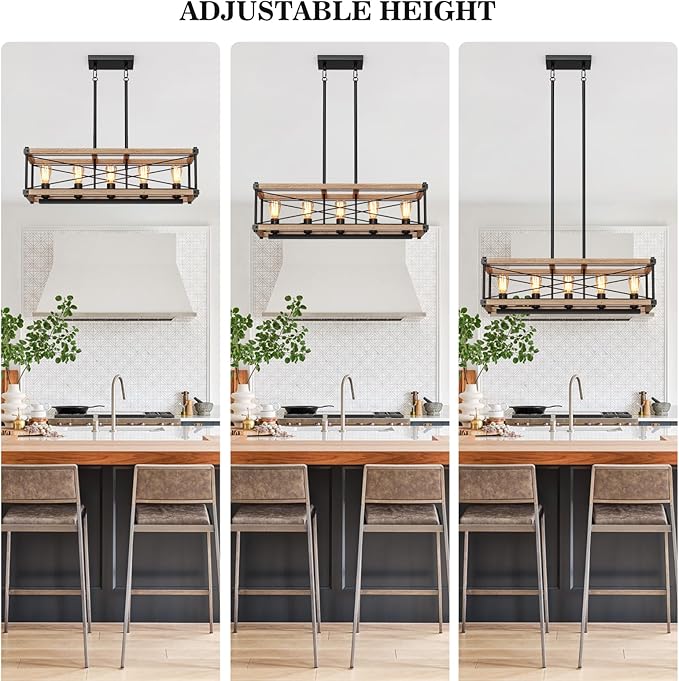 Farmhouse Kitchen Island Lighting, 5-Light Solid Wood 31.5” Dining Room Pendant Light Fixtures, Rustic Chandelier with Adjustable Height for Dining Room Kitchen Bar Pool Table (Natural Wood)