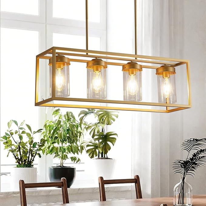 Gold Dining Room Light Fixture，Farmhouse Chandeliers for Dining Room，Rustic Rectangle Chandelier with Clear Glass Shade，Vintage Antique Linear Kitchen Island Light Fixtures