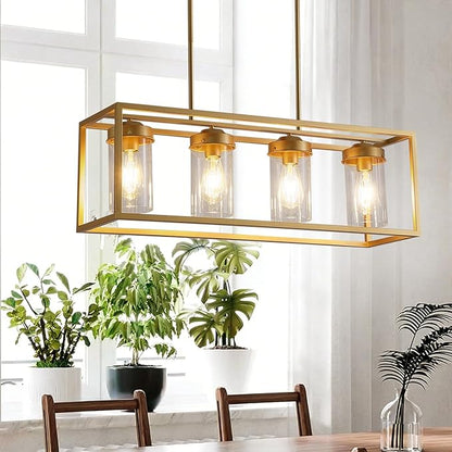 Gold Dining Room Light Fixture，Farmhouse Chandeliers for Dining Room，Rustic Rectangle Chandelier with Clear Glass Shade，Vintage Antique Linear Kitchen Island Light Fixtures
