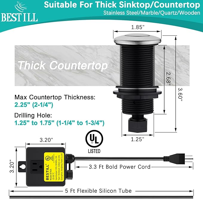 BESTILL Sinktop Air Switch Kit for Garbage Disposal, Stainless Steel Brushed Nickel 3.6" Long Push Button for Waste Disposer, UL Listed