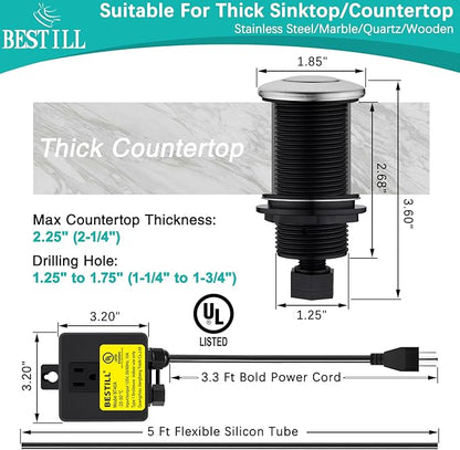 BESTILL Sinktop Air Switch Kit for Garbage Disposal, Stainless Steel Brushed Nickel 3.6" Long Push Button for Waste Disposer, UL Listed