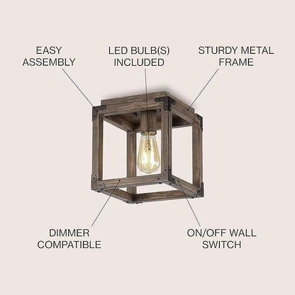 JONATHAN Y 8" Brown Oil Rubbed Bronze 1-Light Iron Flush Mount, Rustic Farmhouse Square Ceiling Light, Industrial Metal Open Frame for Kitchen Hallway, LED Bulb Included JYL7473A