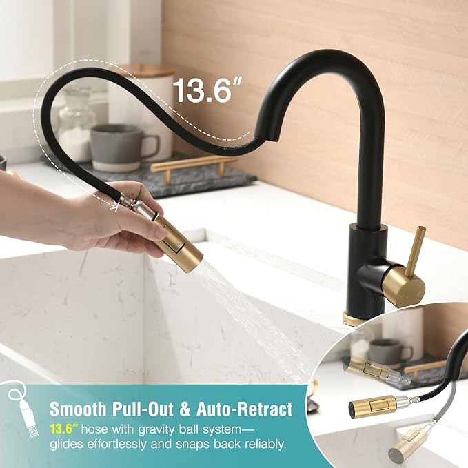CENOSA Modern Bar Sink Faucet for Kitchen Sink Single Handle with Pull Out Sprayer Hot and Cold Prep Sink Faucet Black and Gold