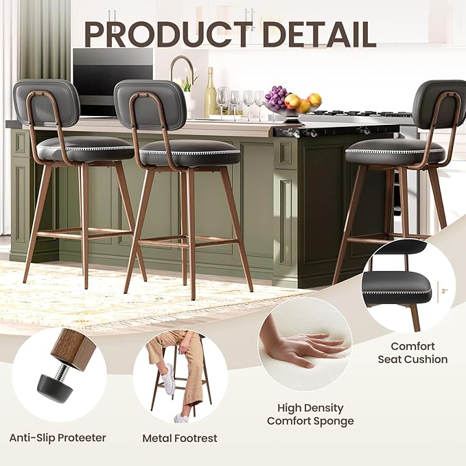 MALOL 26“ Swivel Bar Stools Set of 4, Mid Century PU Leather Counter Height Bar Chairs with Low Back and Metal Legs, Modern Bar Stool Chair for Kitchen Island, Black