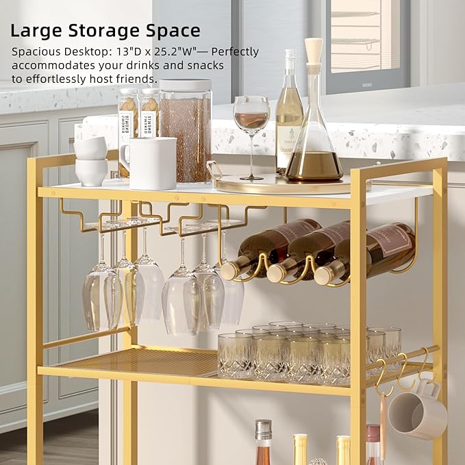 Joaxswe Bar Cart, Home Bar Serving Cart with 3-Tier Shelf,Microwave Cart with Lockable Wheels,Mobile Kitchen Shelf,Rolling Beverage Cart with Wine Rack and Glass Holder for Kitchen,Dinning Room,Gold