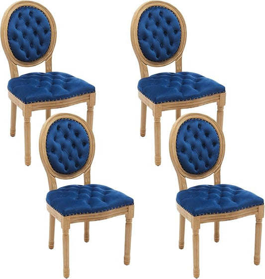 Velvet Dining Chairs Set of 4, Vintage Wooden Dining Chair with Solid Wood Legs, Upholstered Farmhouse Kitchen Chair for Living Room, Restaurant, Bedroom (Blue, Set of 4)