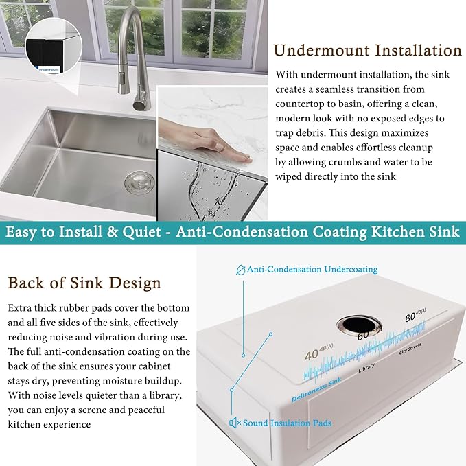 32x19 Undermount Kitchen Sink, Delironexu 32 Inch Undermount Sink, 16 Gauge 304 Stainless Steel Single Bowl Kitchen Sink with Accessories