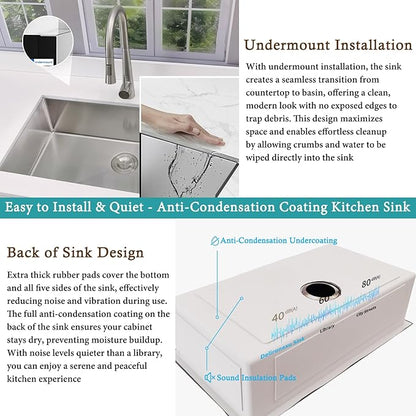 32x19 Undermount Kitchen Sink, Delironexu 32 Inch Undermount Sink, 16 Gauge 304 Stainless Steel Single Bowl Kitchen Sink with Accessories