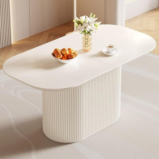 62.99 Inch Rectangular Dining Table for 4-6 People, Modern Mid Century Kitchen Dining Room Table with Pedestal Base,Cream White Family Safe Dining Furniture for Apartment Home