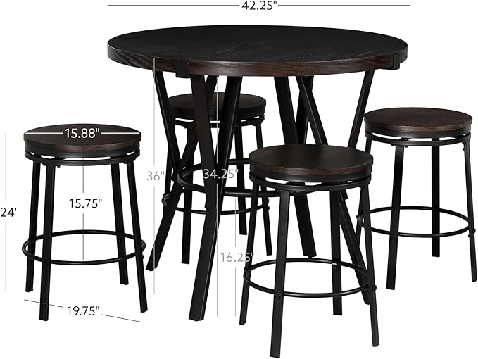 Powell Mikka Black and Brown Five Piece Round Counter Height Dining Pub Set with Swivel Seats