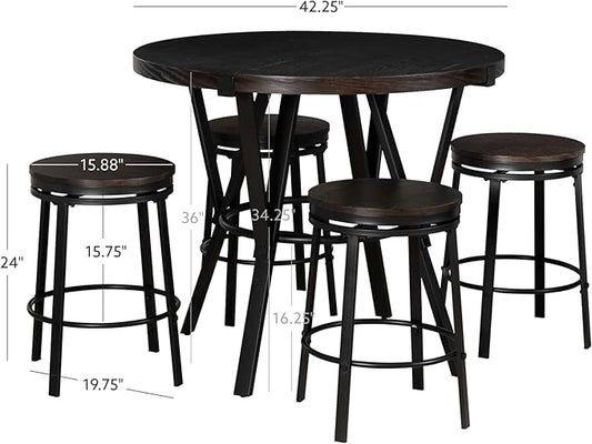 Powell Mikka Black and Brown Five Piece Round Counter Height Dining Pub Set with Swivel Seats
