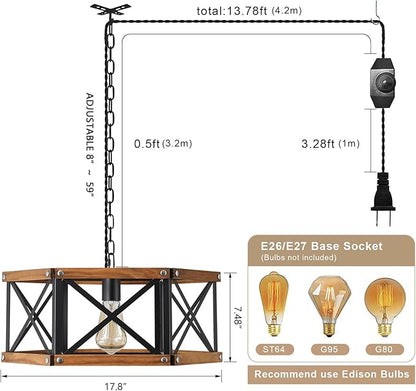 Rustic Farmhouse Large Plug in Pendant Light Fixture with Adjustable Chain, Dimmable Switch, 17.8 inch Industrial Oak Wood and Metal Cage Hanging Lamp for Dining Room Kitchen Farmhouse Entry, Black