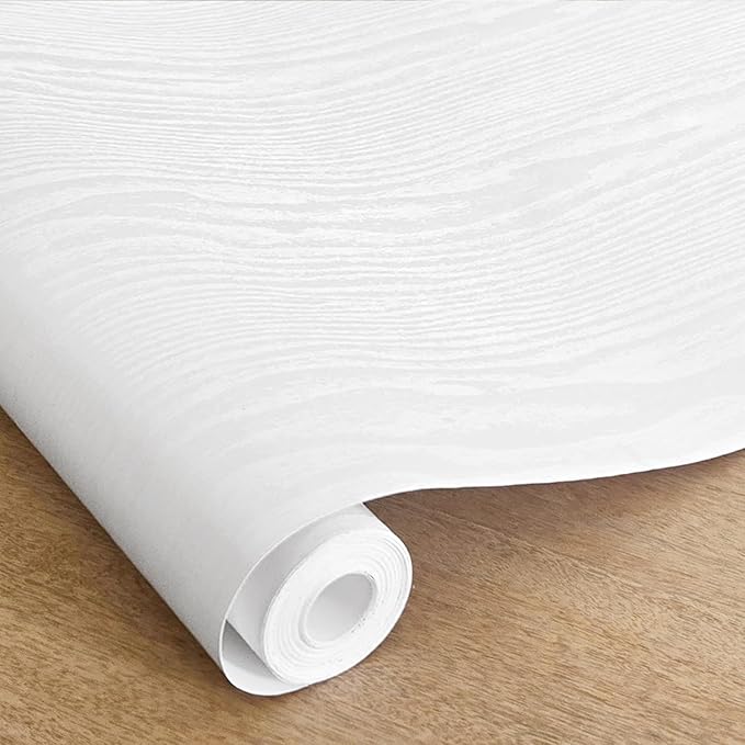 White Wood Grain Contact Paper, 17.3" x 118" Peel and Stick Wallpaper, Self-Adhesive Thick Textured Vinyl Wrap for Kitchen Cabinets, Countertop, Furniture, Waterproof DIY Decor