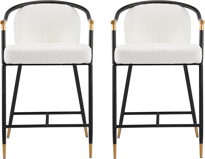 Set of 2 Upholstered Counter Stools - 26" Seat Height Beige Boucle Stools with Sturdy Iron Frame, Gold Trim+Black Base, Contemporary Design for Kitchen Island/Home Bar/Dining Area
