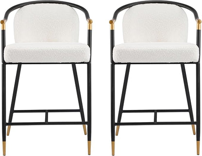 Set of 2 Upholstered Counter Stools - 26" Seat Height Beige Boucle Stools with Sturdy Iron Frame, Gold Trim+Black Base, Contemporary Design for Kitchen Island/Home Bar/Dining Area