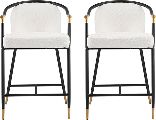 Set of 2 Upholstered Counter Stools - 26" Seat Height Beige Boucle Stools with Sturdy Iron Frame, Gold Trim+Black Base, Contemporary Design for Kitchen Island/Home Bar/Dining Area