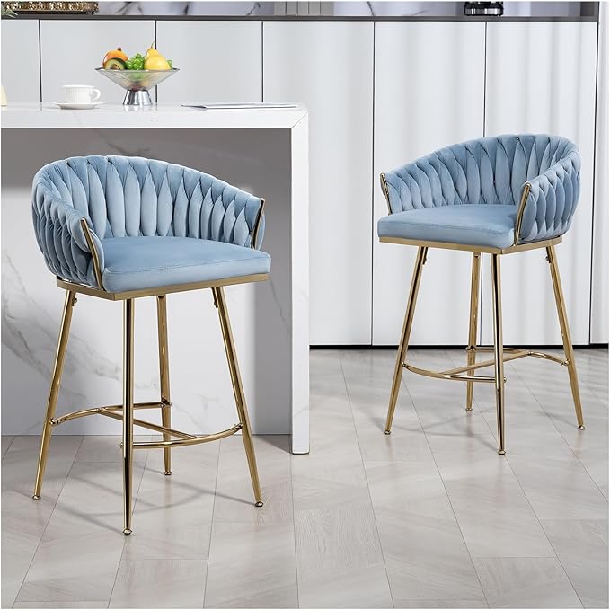 26'' Counter Height bar stools Set of 2 Kitchen Island Counter bar Stool with Hand- Wave Back, Golden Chromed Base and footrest,for Living Room