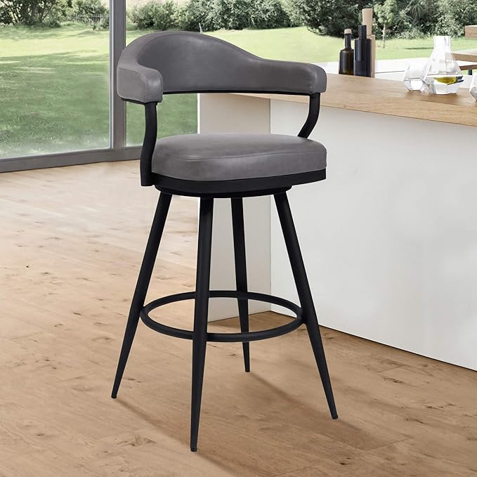 Armen Living Justin Modern Farmhouse 30" Seat Height Swivel Vintage Gray Faux Leather Bar Stool with Black Metal Legs for Kitchen Island Counter, Set of 2