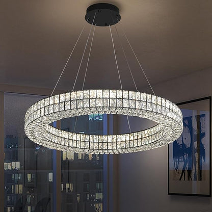 Modern Led Ring Chandelier Dimmable Crystal Chandelier for Living Room Dining Room 32 inch Black Adjustable Ring Pendant Light