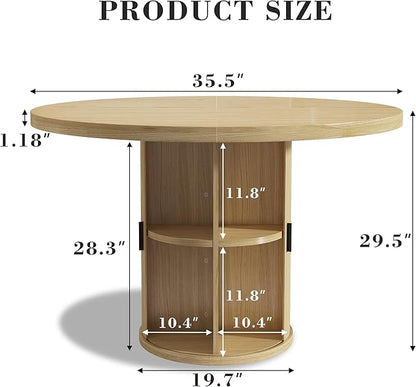 35.5'' Round Pedestal Dining Table, Modern Fluted Dining Room Kitchen Table with Storage Shelf, Wood Base Dinner Tables for Kitchen, Breakfast Nook, Small Space, Living Room(Natural)
