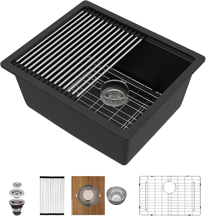 21"x18" Undermount Bar Sink Workstation - 21 Inch Granite Composite Matte Black Quartz Classic Single Bowl Under Counter Small Prep Rv Kitchen Sink All-In One #TLGU-140