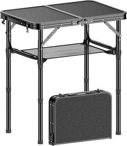 Folding Camping Table, 2 FT Folding Portable Camping Table, Outdoor&Indoor Picnic Table with 3 Adjustable Height Max 27.1",Lightweight Aluminum Camping Tables, Car Camping Essentials-Pure Black