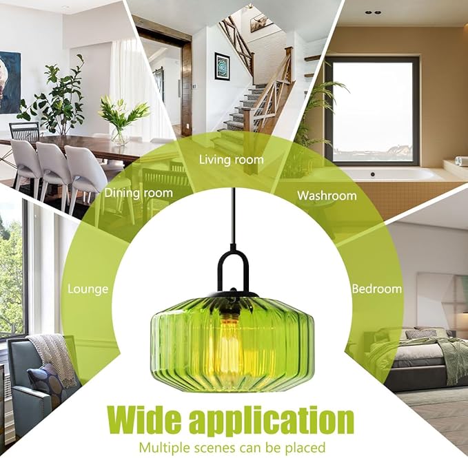 Glass Pendant Light fixtures Kitchen Island Modern Black Pendant Lights with Hand Blown Glass Shade 1-Light Adjustable Cord Ceiling Hanging Lighting for Dining Room Table Bar Sink (Green)