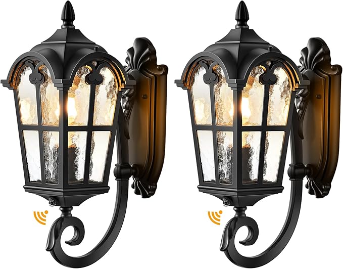 VIANIS Dusk to Dawn Outdoor Lighting, Black 2 Pack Vintage Outdoor Light Fixture Lanterns, Outside Lights for House with Ripple Glass for Porch, Garden, Doorway, Waterproof and Anti-Rust, Hardwired