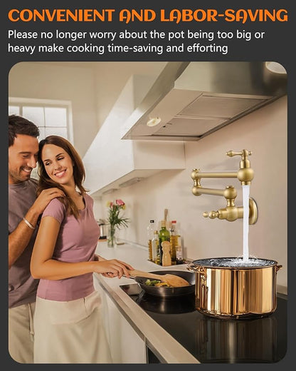 Gold Pot Filler, Brushed Brass Pot Filler Faucet Wall Mount, Potfiller, Vintage Pot Filler Over The Stove Faucet with Two Handles Strechable Double Joint Swing Arms