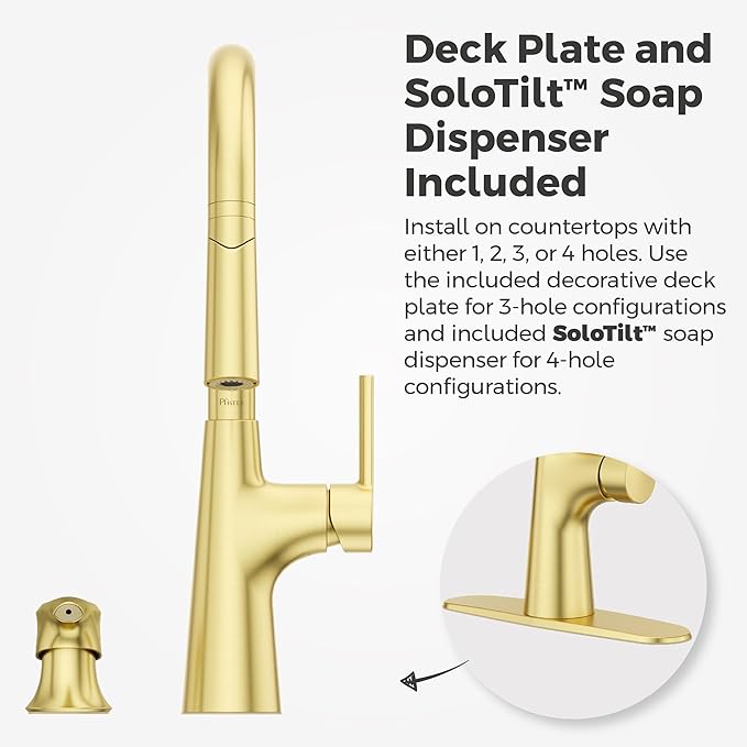 Pfister Tasso Kitchen Faucet with Pull Down Sprayer and Soap Dispenser, Single Handle, High Arc, NSF Certified, Brushed Gold Finish, F5297TSOBG