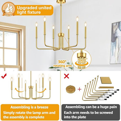 Brass Gold Chandelier, 6-Light Chandelier Light Fixture Farmhouse Chandeliers for Dining Room, Vintage Candle Pendant Light Fixtures Chandelier for Bedroom, Kitchen, Foyer, Entryway and Living Room