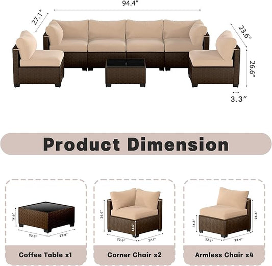 Patio Furniture Set, 7-Piece Outdoor Sectional Couch with Coffee Table & Thick Cushions, Outdoor Wicker Conversation Set for Backyard, Poolside, Garden (Brown-Camel, 7 Piece-Single)