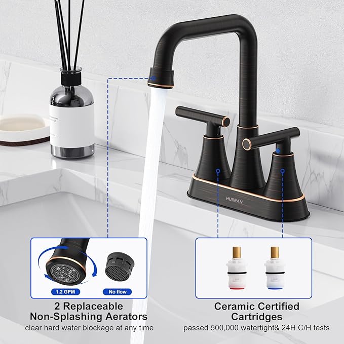 Bathroom Sink Faucet, Hurran Oil Rubbed Bronze Bathroom Faucets for Sink 3 Hole with Pop-up Drain and Supply Hoses, 360 Swivel Spout 2-Handle Centerset Faucet for Vanity RV Farmhouse
