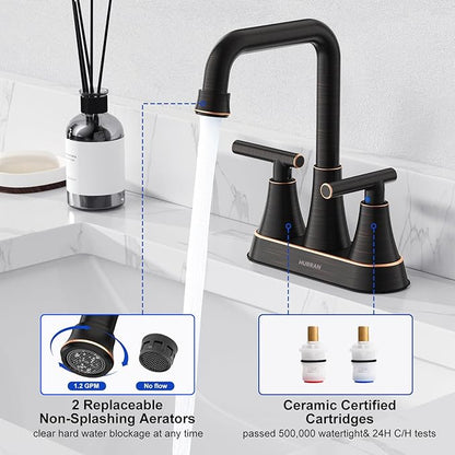 Bathroom Sink Faucet, Hurran Oil Rubbed Bronze Bathroom Faucets for Sink 3 Hole with Pop-up Drain and Supply Hoses, 360 Swivel Spout 2-Handle Centerset Faucet for Vanity RV Farmhouse
