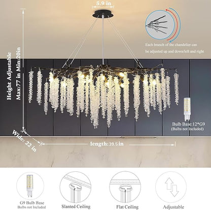 Tree Branch Chandelier L39.5 Inch Black Luxury Rectangular Crystal Raindrop Pendant Light 12 Lights Kitchen Island Hanging Light Fixture for Living Room Dining Room Foyer Entryway