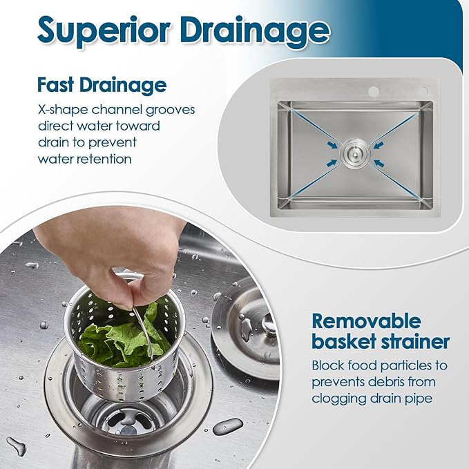 ROVOGO 24 inch Kitchen Sink Drop in 304 Stainless Steel, 24"x18" Single Bowl Top Mount, 9" Deep Sink with 2-Hole, Drain Assembly Included, Brushed
