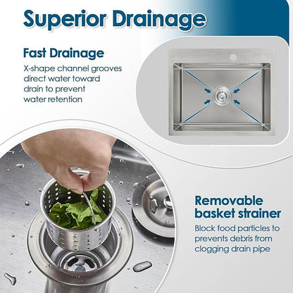 ROVOGO 24 inch Kitchen Sink Drop in 304 Stainless Steel, 24"x18" Single Bowl Top Mount, 9" Deep Sink with 2-Hole, Drain Assembly Included, Brushed