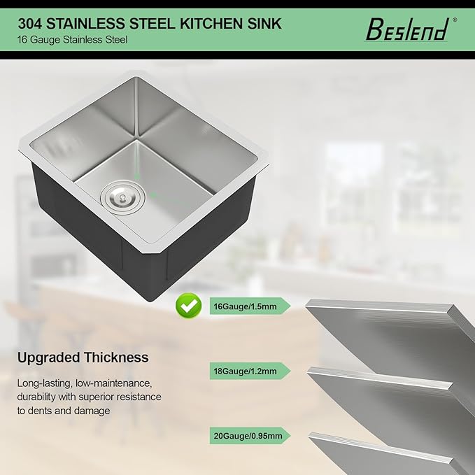 15 Inch Bar Sink Undermount - Beslend 15x17 Inch Small Kitchen Sink Stainless Steel Kitchen Bar Sink 16 Gauge Single Bowl Sink RV Sink